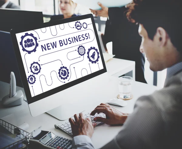 Businessman working on computer with New Business — Stock Photo, Image