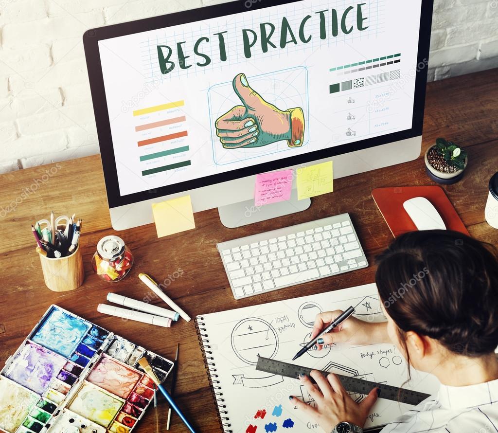 Young girl working, drawing, using computer in desing studio, Best Practice Concept