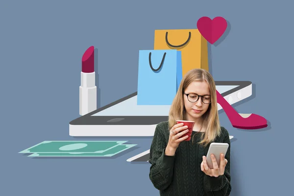 Girl with smartphone and red cup — Stock Photo, Image