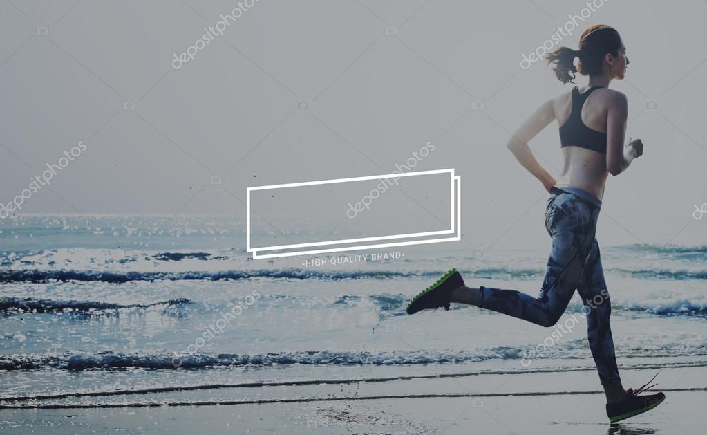 Woman in leggings running on beach, sport, jogging and seaside concept, graphic badge frame