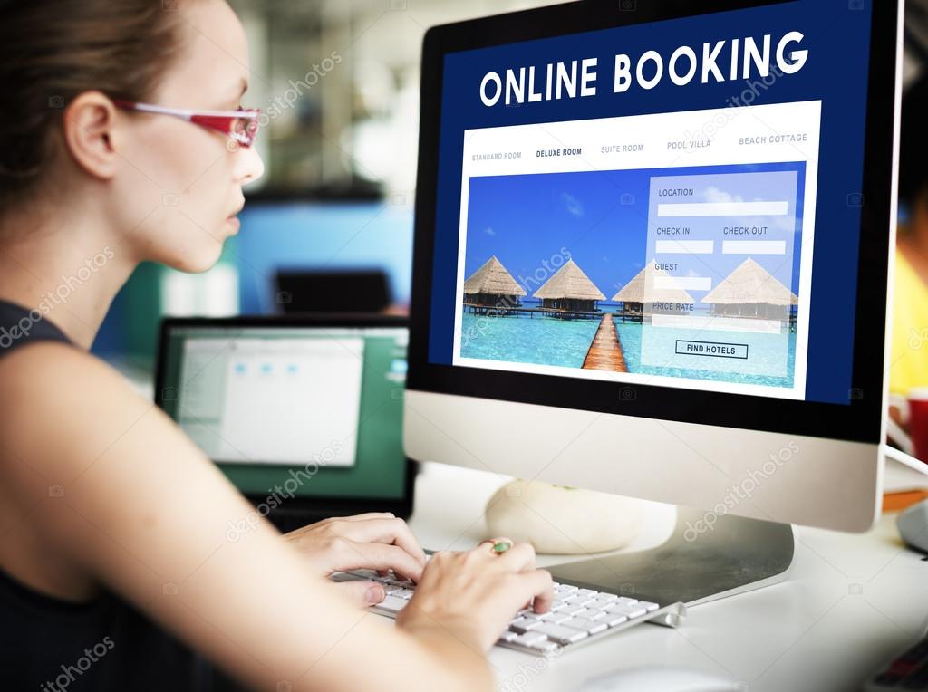 businesswoman working on computer with Online Booking