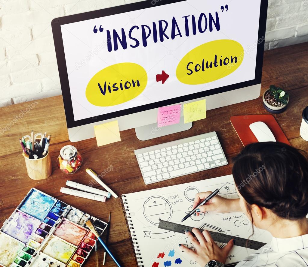 Girl drawing in design studio, computer at desk, Text: Inspiration