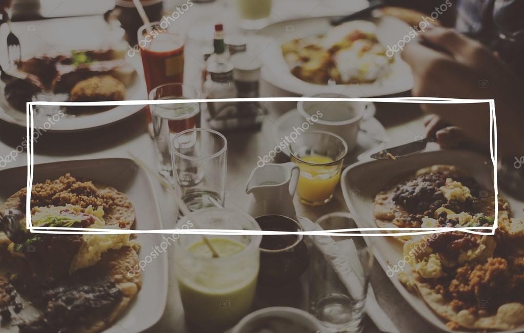 Delicious food and beverages on table, badge concept