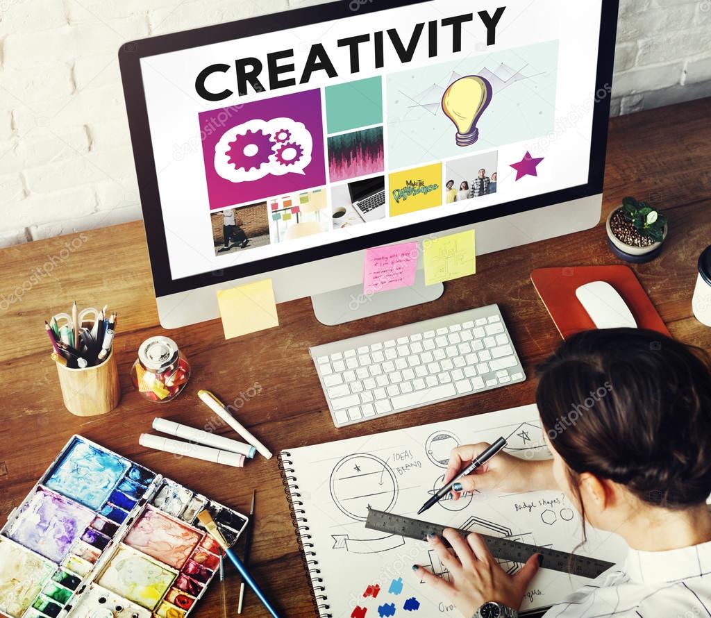 Girl drawing in design studio, computer at desk, Text: Creativity