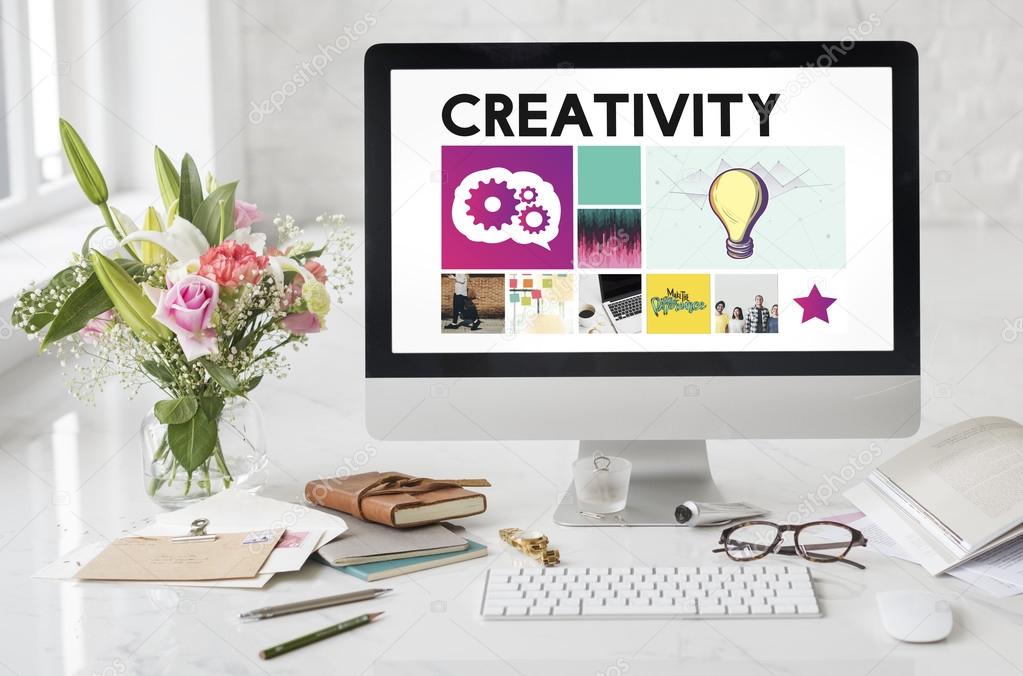 Computer, flowers and office equipment, Creativity Concept