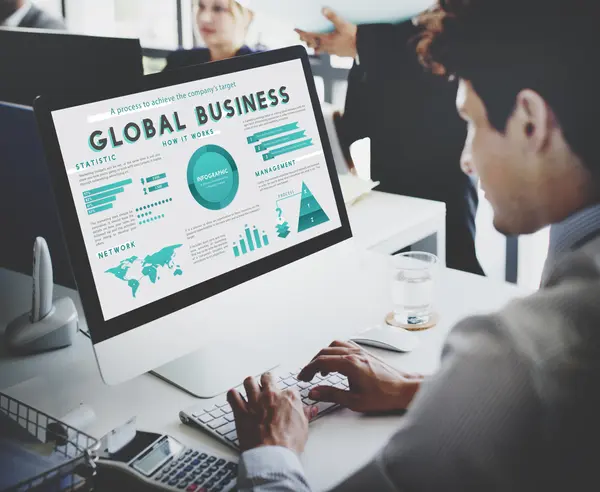 Businessman working on computer with Global Business — Stock Photo, Image