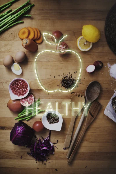 Kitchen wooden table with food — Stock Photo, Image