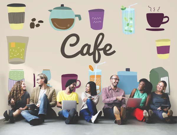 Diversity friends near wall with Cafe — Stock Photo, Image