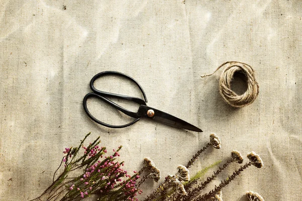 Schattige bloemen en schaar op tafel — Stockfoto