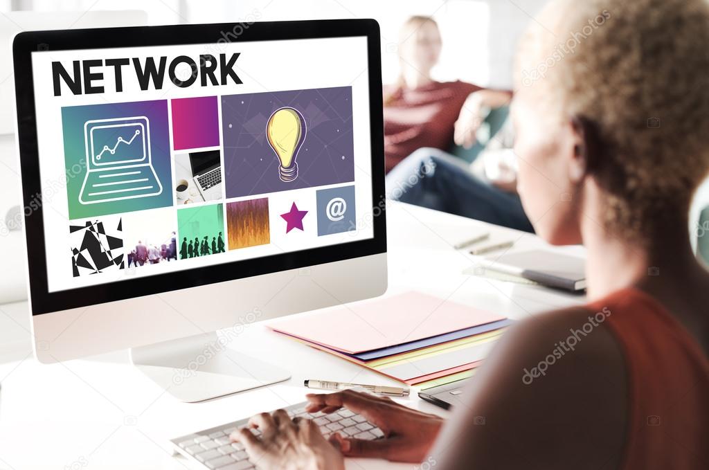 businesswoman working on computer with Network