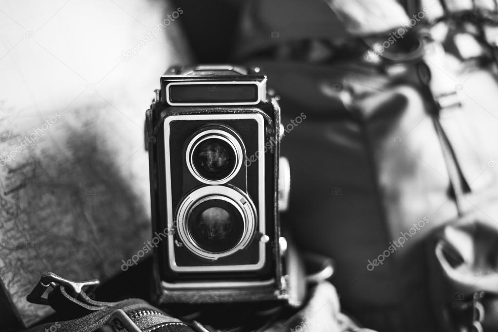 vintage camera and backpack