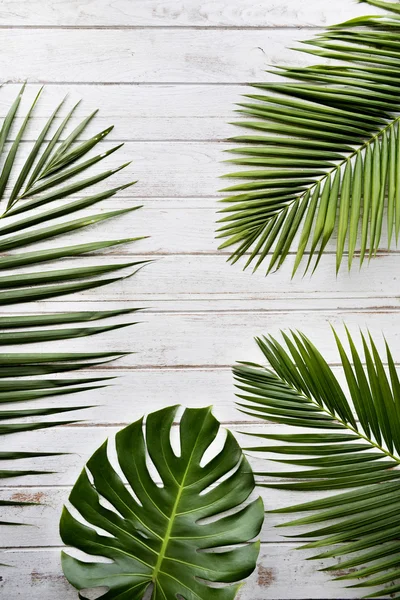 Piso de madera con hojas de palma — Foto de Stock