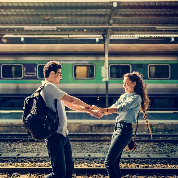 Lovely couple traveling by train — Stock Photo, Image