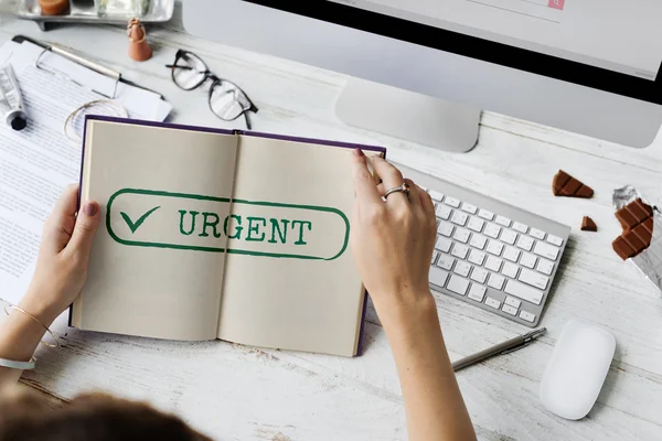 Person with diary, text on pages — Stock Photo, Image