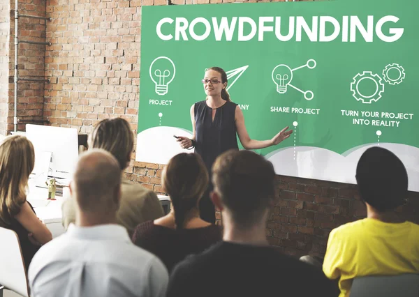 People at conference with Crowdfunding — Stock Photo, Image