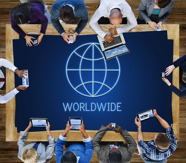 Business people with gadgets at workplace table — Stock Photo, Image