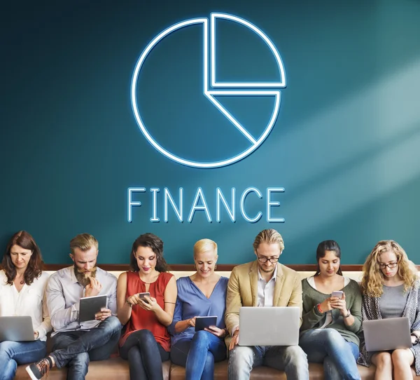 People sit with devices and Finance — Stock Photo, Image