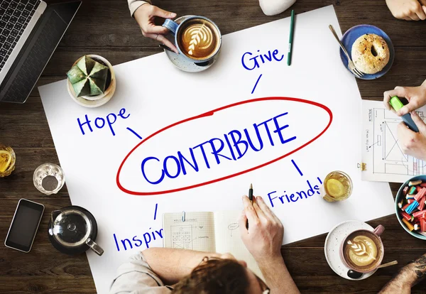 Mesa con póster con Contribute — Foto de Stock