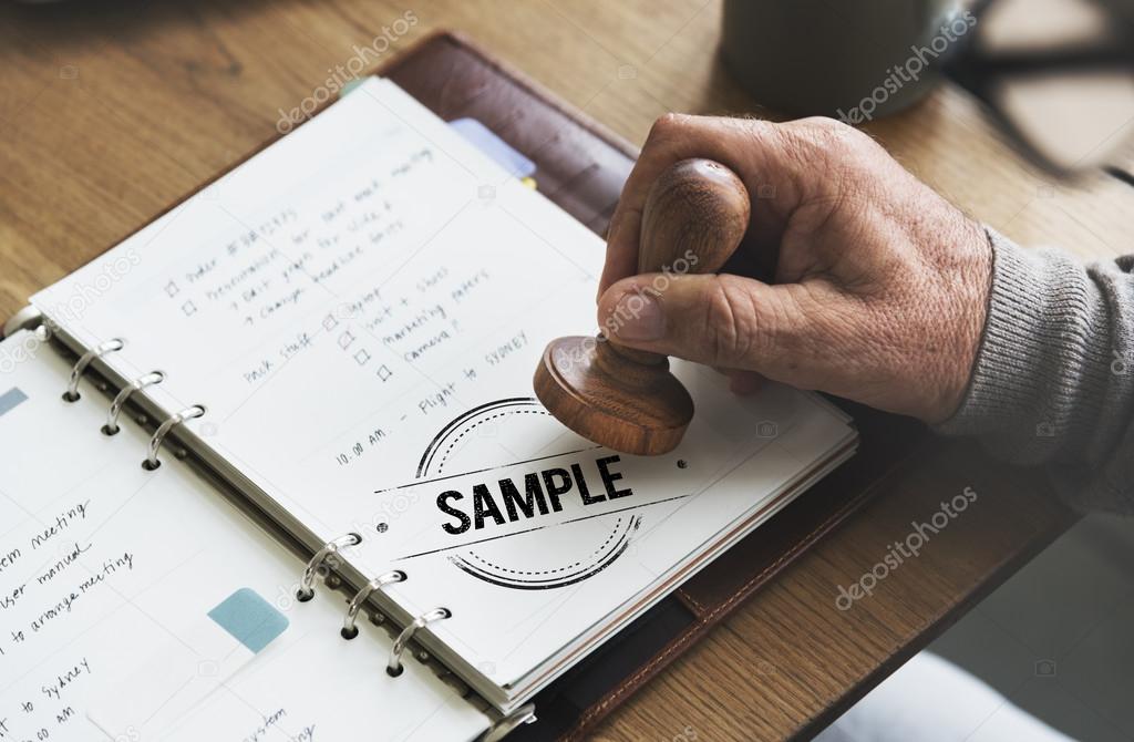 stamp in notebook with  Sample