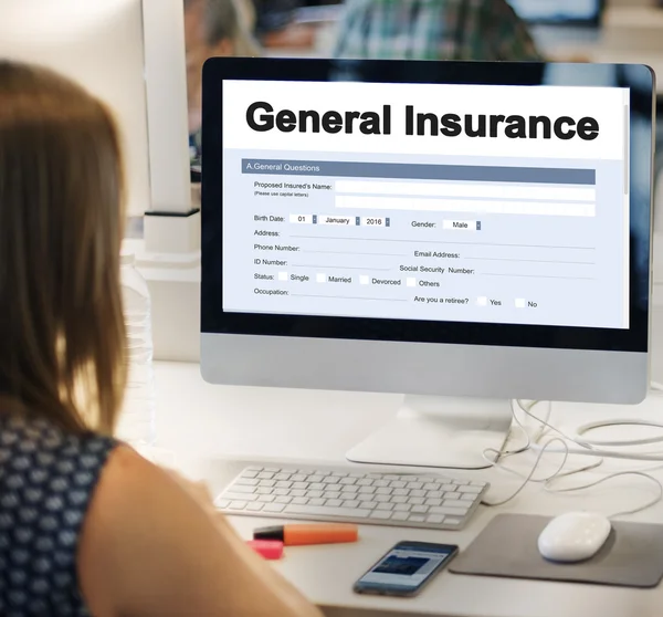 Woman using computer with graphic text — Stock Photo, Image