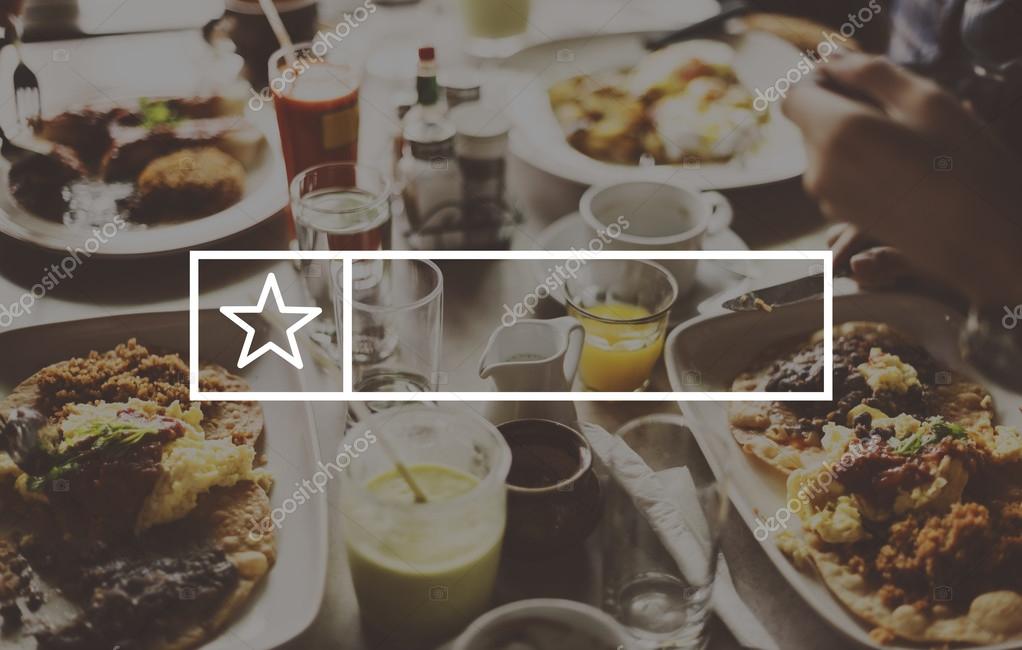 Delicious food and beverages on table, graphic badge