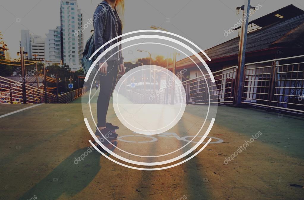 Woman riding on skateboard in city, sport concept, blank frame