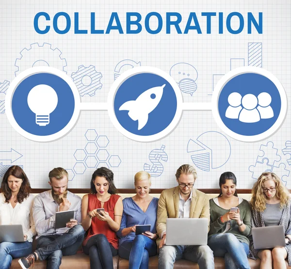 People sit with devices and Collaboration — Stock Photo, Image