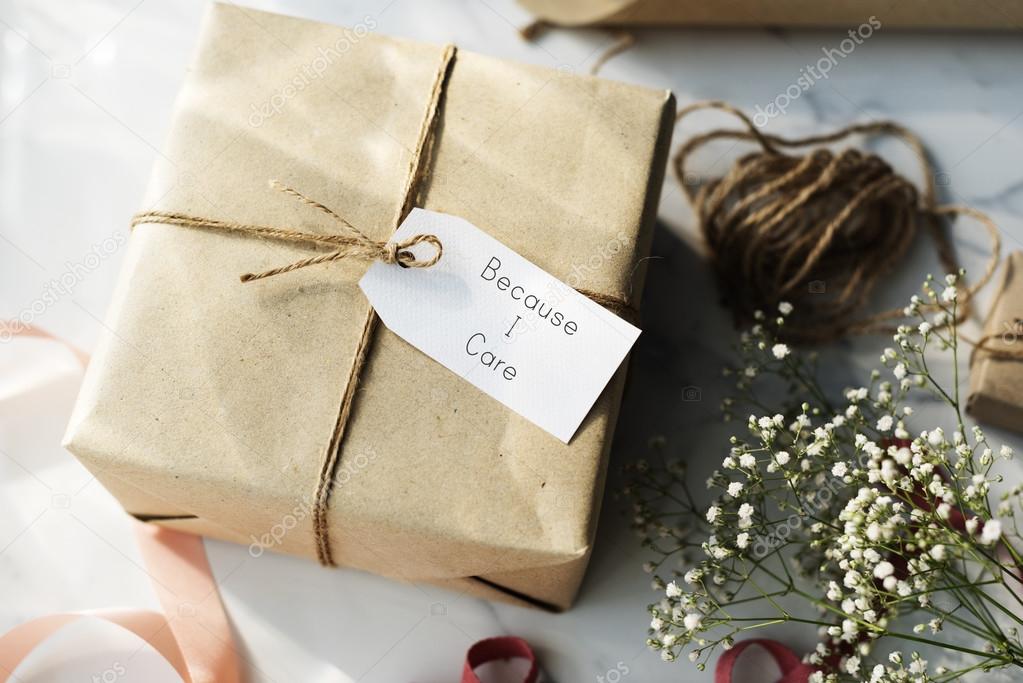 paper wrapped gift with Label Tag