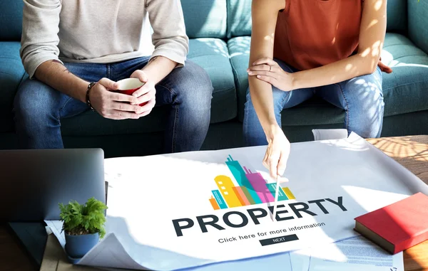 Woman showing on poster with Property — Stock Photo, Image