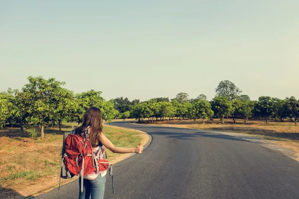 Backpacker girl at road — Stock Photo, Image