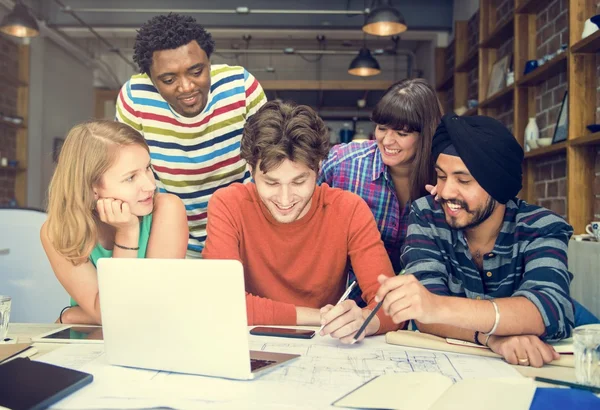 Architect students working in cafe — Stock Photo, Image