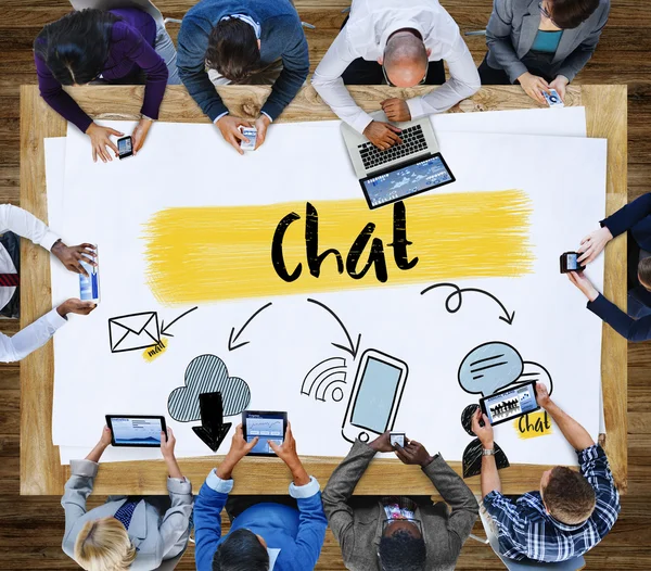 Business people with gadgets at workplace table — Stock Photo, Image