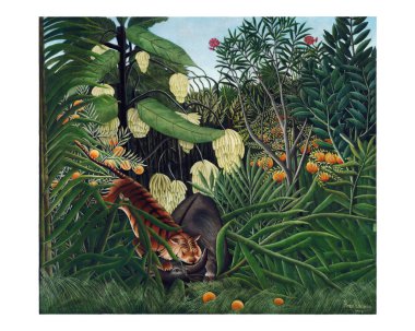 Henri Rousseau 'nun orijinal sanat eserlerinden bir kaplan ve bir bufalo klasik duvar resimleri ve poster tasarımı remixi arasındaki dövüş...