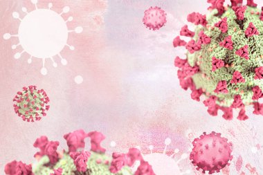 Pembe arkaplan çiziminde mikroskop altında Coronavirus