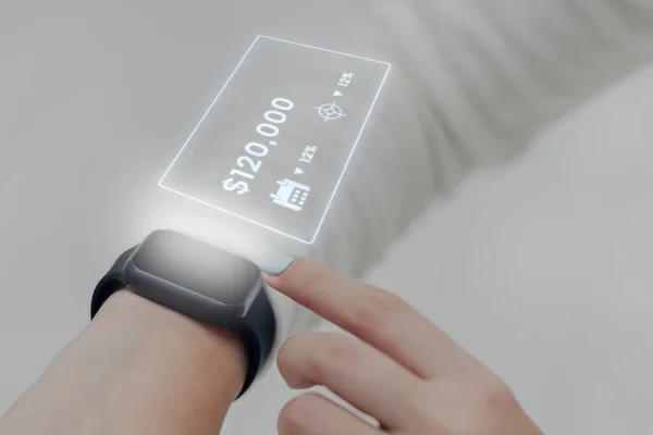 Płatności Bezgotówkowe Holograficzny Smartwatch Przyszłej Technologii — Zdjęcie stockowe