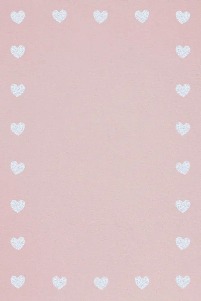 Stříbrné Srdce Vzorované Rám Matně Růžové Pozadí — Stock fotografie