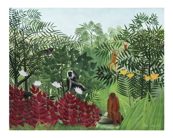 Floresta Tropical Com Macacos Ilustração Vintage Impressão Arte Parede Remix — Fotografia de Stock