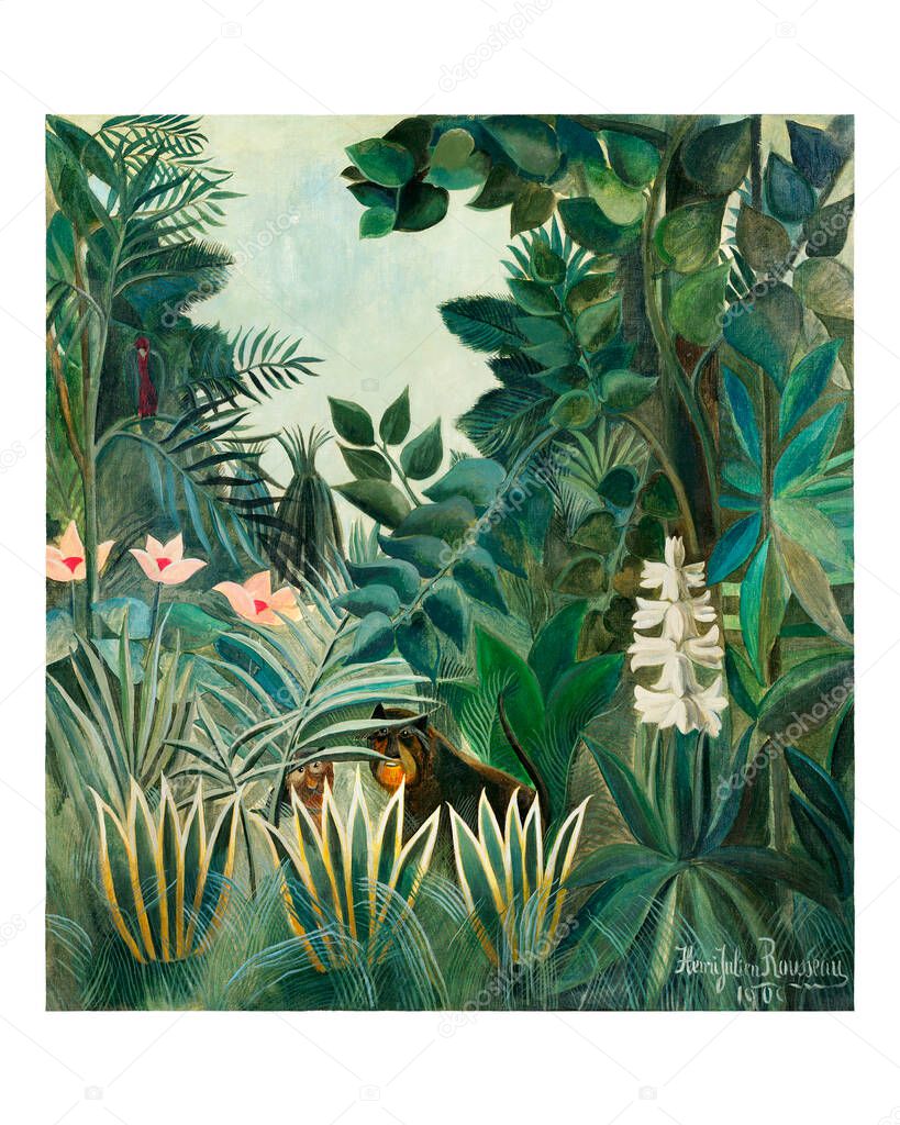 The equatorial jungle vintage illustration wall art print and poster design remix from original artwork by Henri Rousseau..