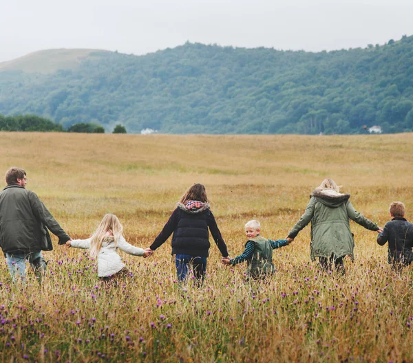 Rear View Family Holding Hands Walking Field — Fotografia de Stock