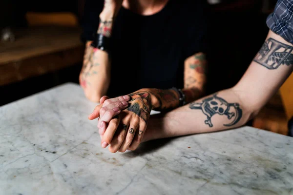 Pair Hands Tattoos Holding Together Intimacy Friendship Concept — Foto de Stock