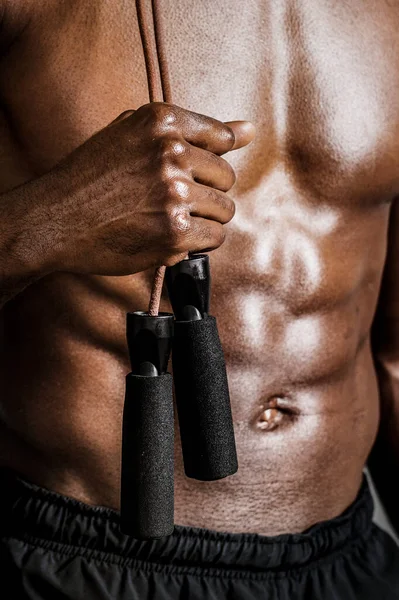 Black American Sporty Guy Holding Skipping Rope — Stock Photo, Image