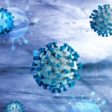 Mavi arkaplan çiziminde mikroskop altında Coronavirus