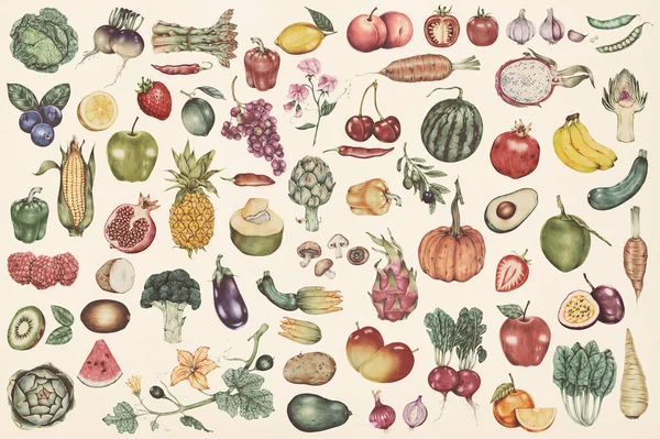 Kézzel Rajzolt Zöldségek Gyümölcsök Mintás Háttér Illusztráció — Stock Fotó
