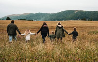 Rear view of family holding hands walking in a field