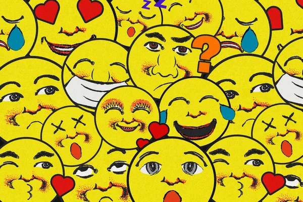 Vintage Sárga Kerek Emoji Minta Háttér Tervezési Elem — Stock Fotó