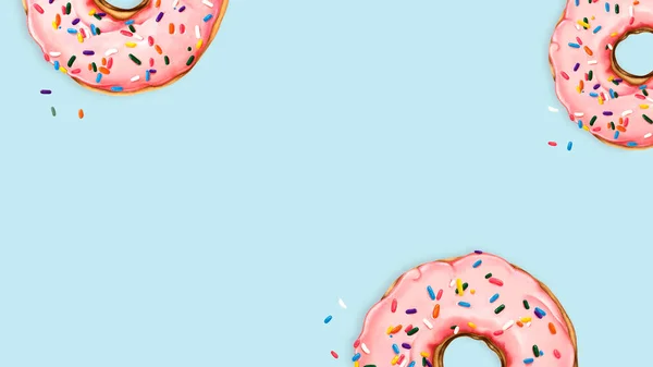 Handgetekende Roze Donuts Blauwe Achtergrond — Stockfoto