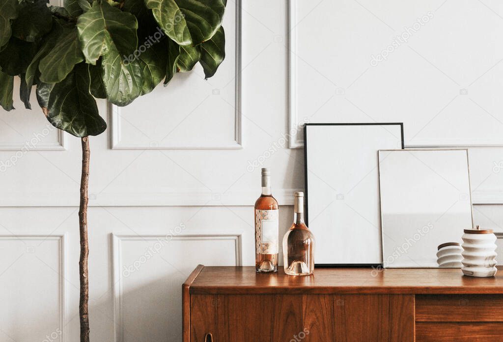 Wooden table against a white wall