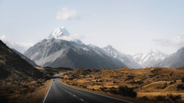 Yeni Zelanda 'daki Cook Dağı' na giden güzel bir yol manzarası.