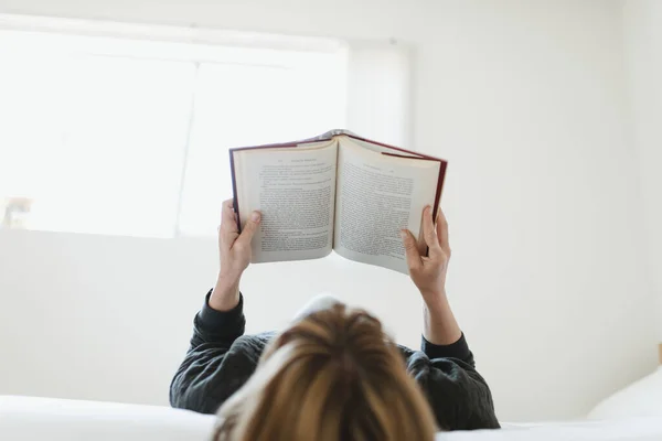 Woman Reading Book Her Bed Coronavirus Quarantine — Stock Photo, Image