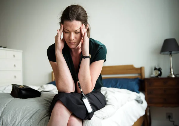 Stressful Woman Sitting Bed — Zdjęcie stockowe